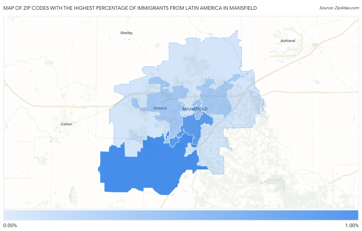 Zip Codes with the Highest Percentage of Immigrants from Latin America in Mansfield Map