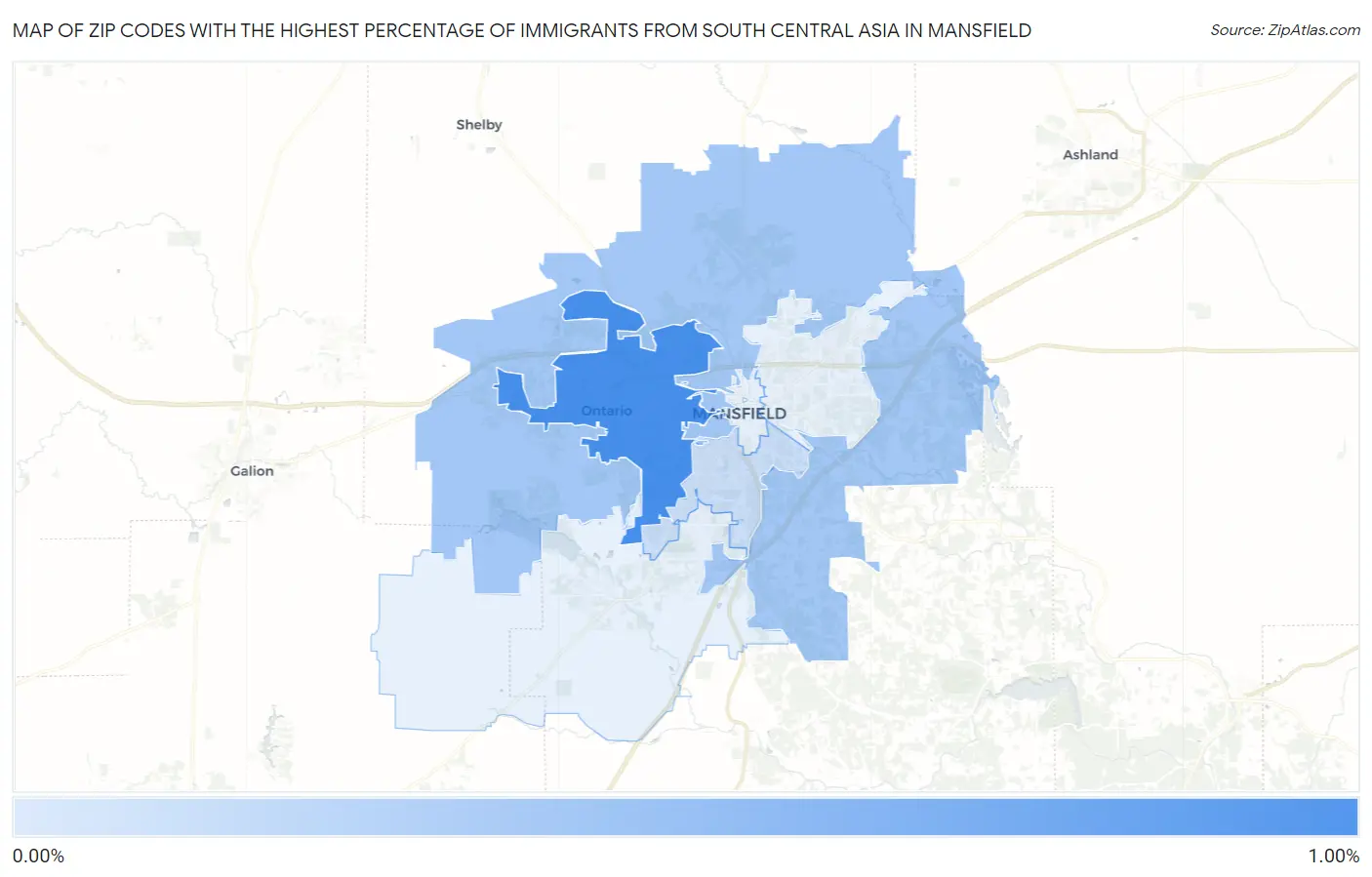 Zip Codes with the Highest Percentage of Immigrants from South Central Asia in Mansfield Map