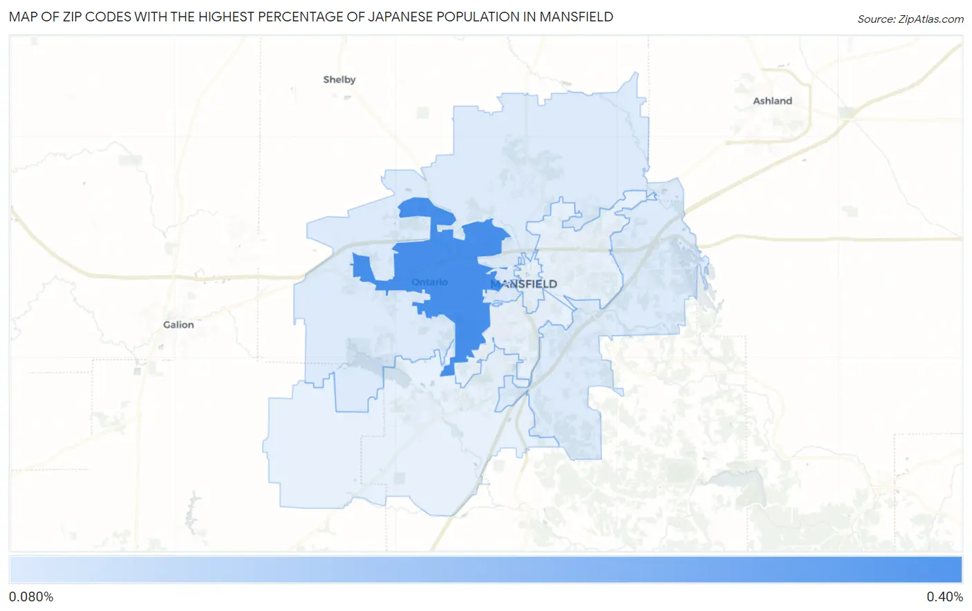 Zip Codes with the Highest Percentage of Japanese Population in Mansfield Map