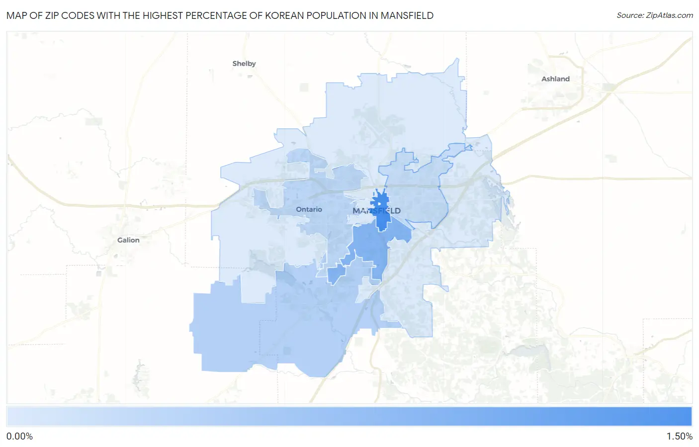 Zip Codes with the Highest Percentage of Korean Population in Mansfield Map