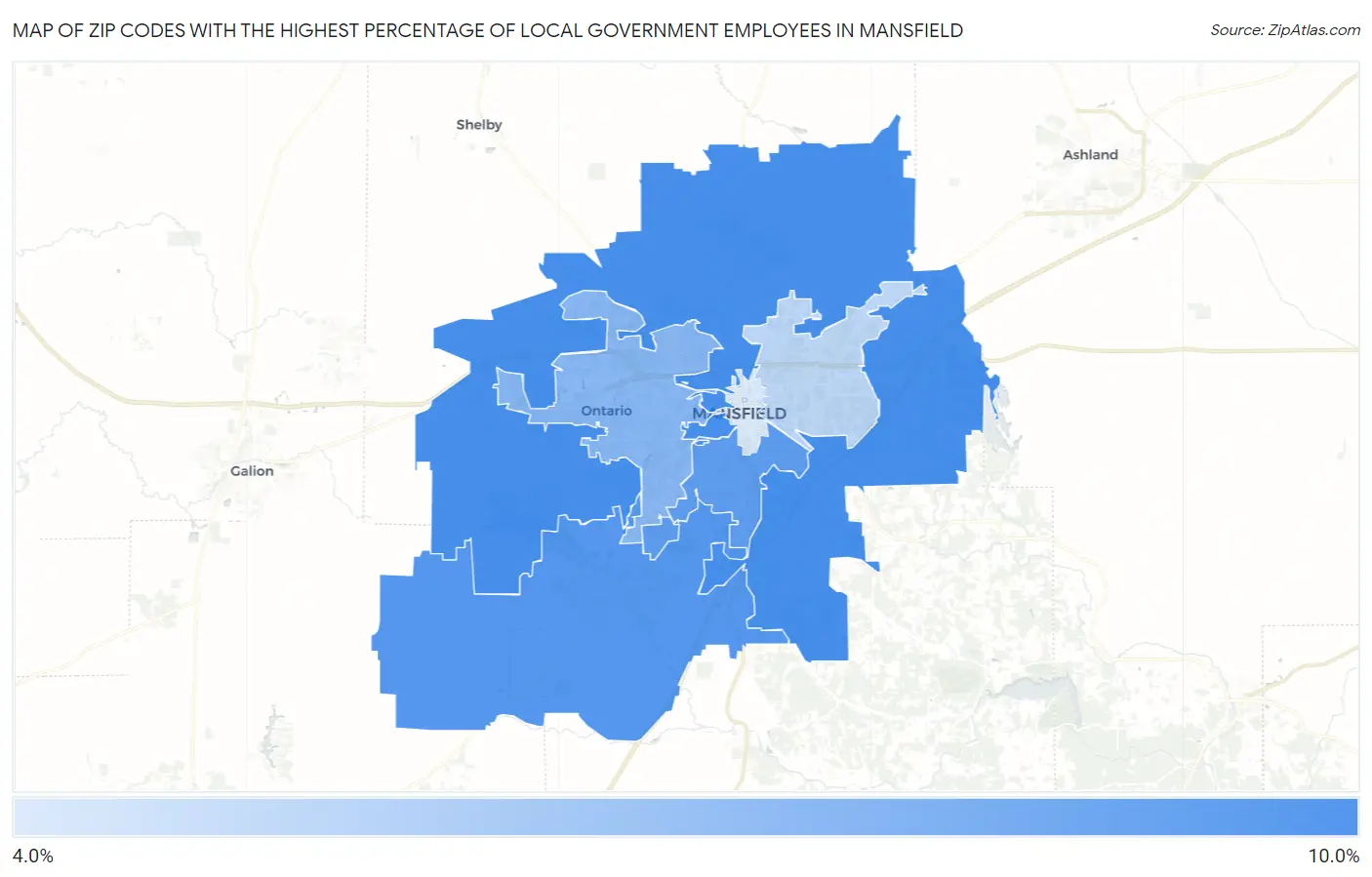 Zip Codes with the Highest Percentage of Local Government Employees in Mansfield Map