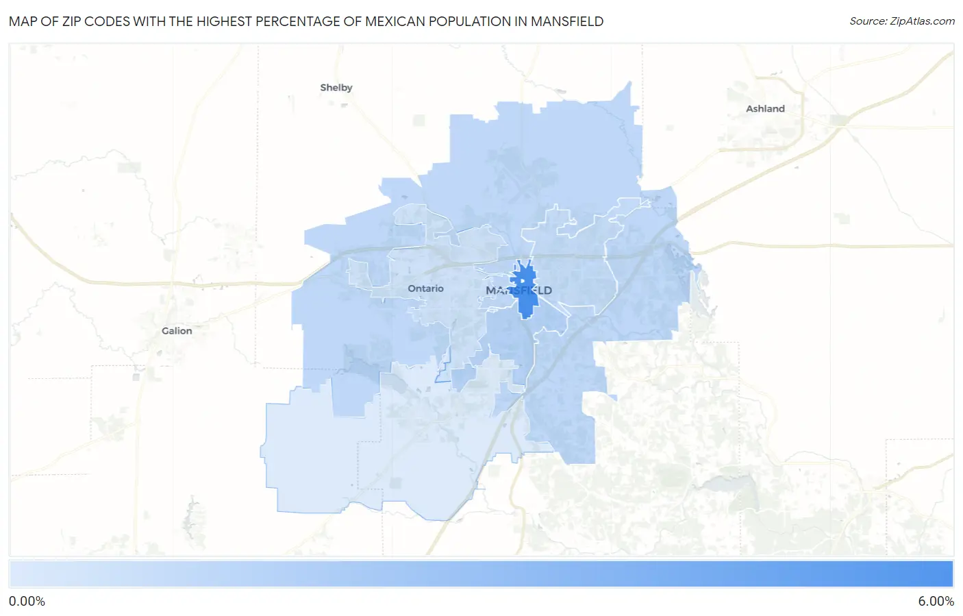 Zip Codes with the Highest Percentage of Mexican Population in Mansfield Map