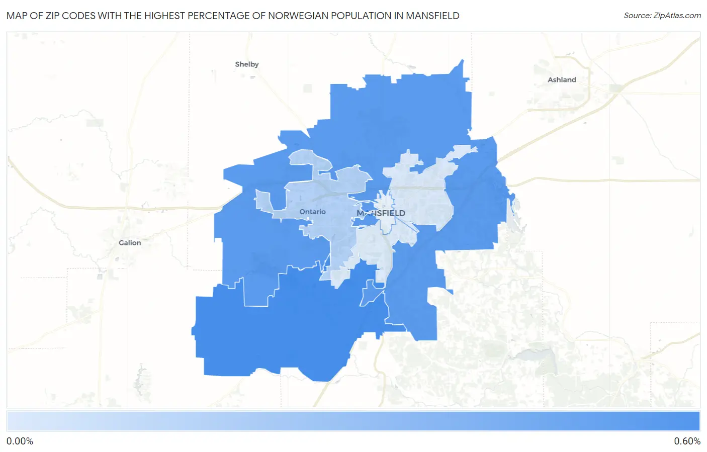 Zip Codes with the Highest Percentage of Norwegian Population in Mansfield Map