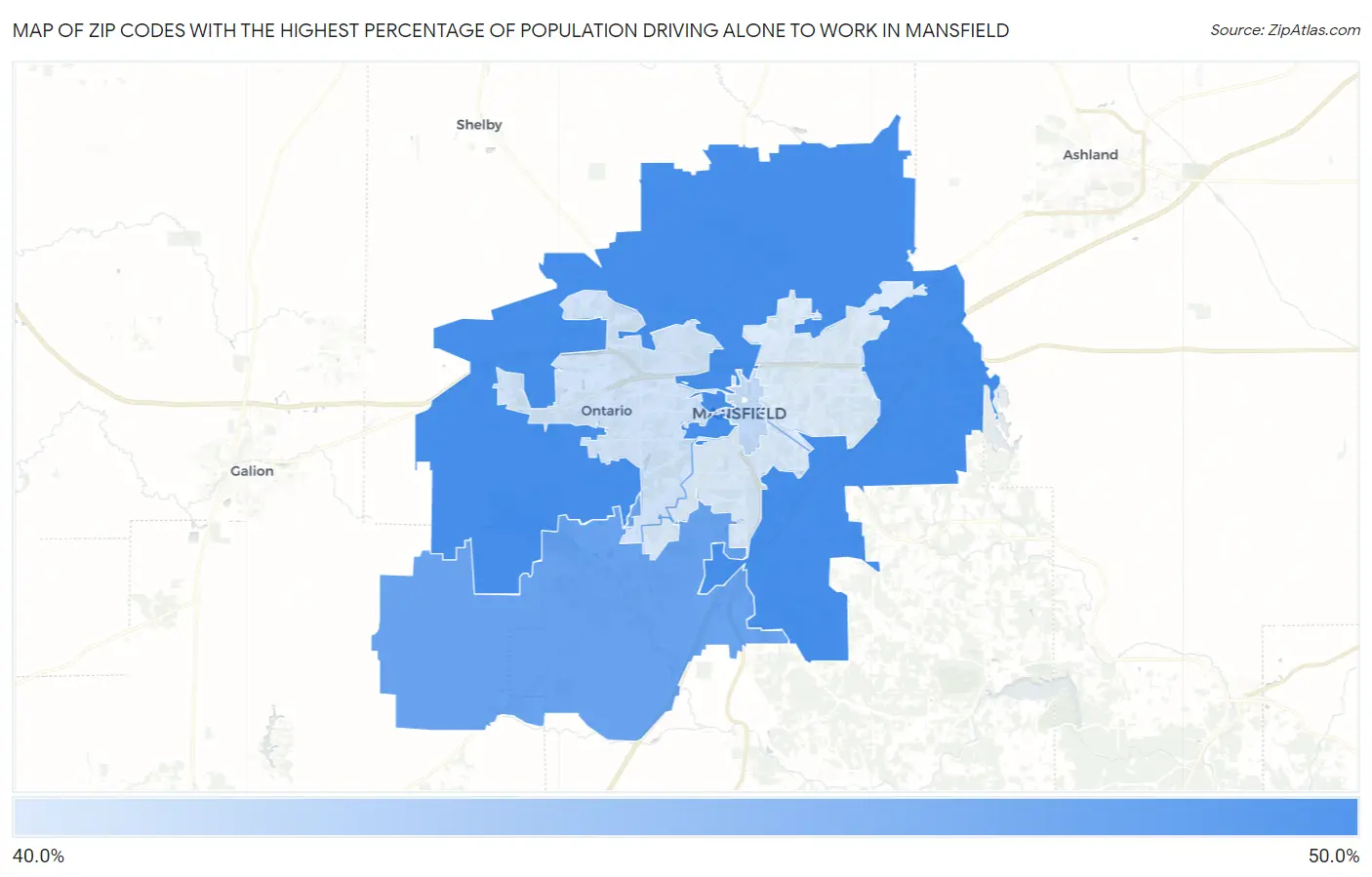 Zip Codes with the Highest Percentage of Population Driving Alone to Work in Mansfield Map