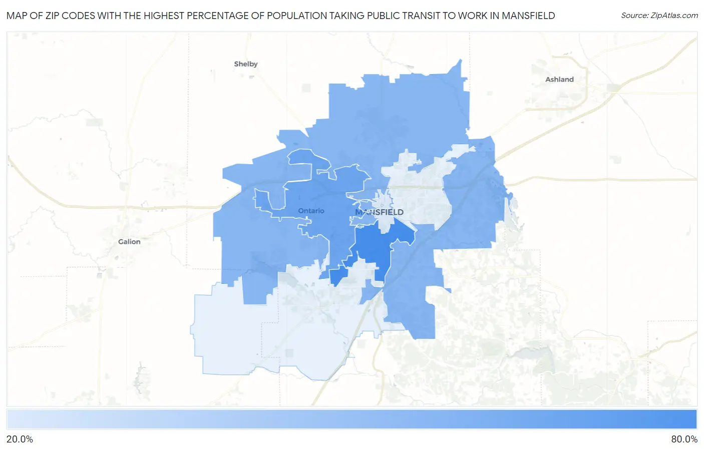 Zip Codes with the Highest Percentage of Population Taking Public Transit to Work in Mansfield Map