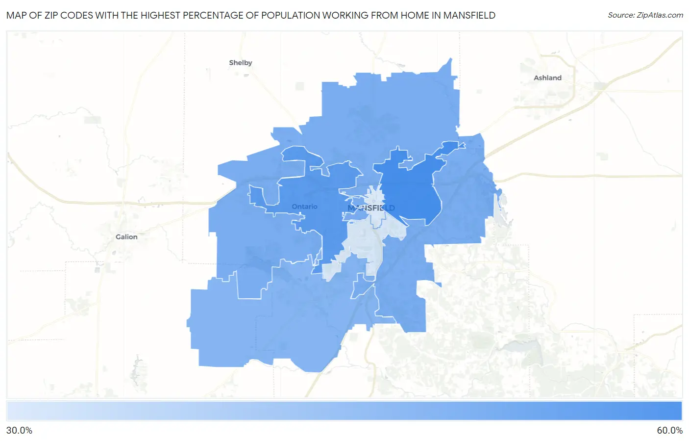Zip Codes with the Highest Percentage of Population Working from Home in Mansfield Map