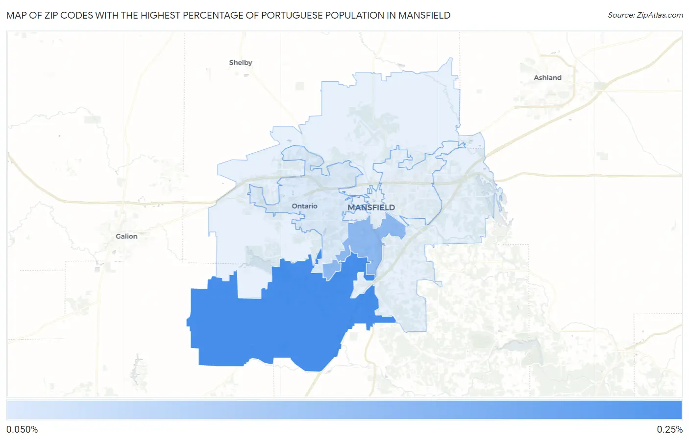 Zip Codes with the Highest Percentage of Portuguese Population in Mansfield Map