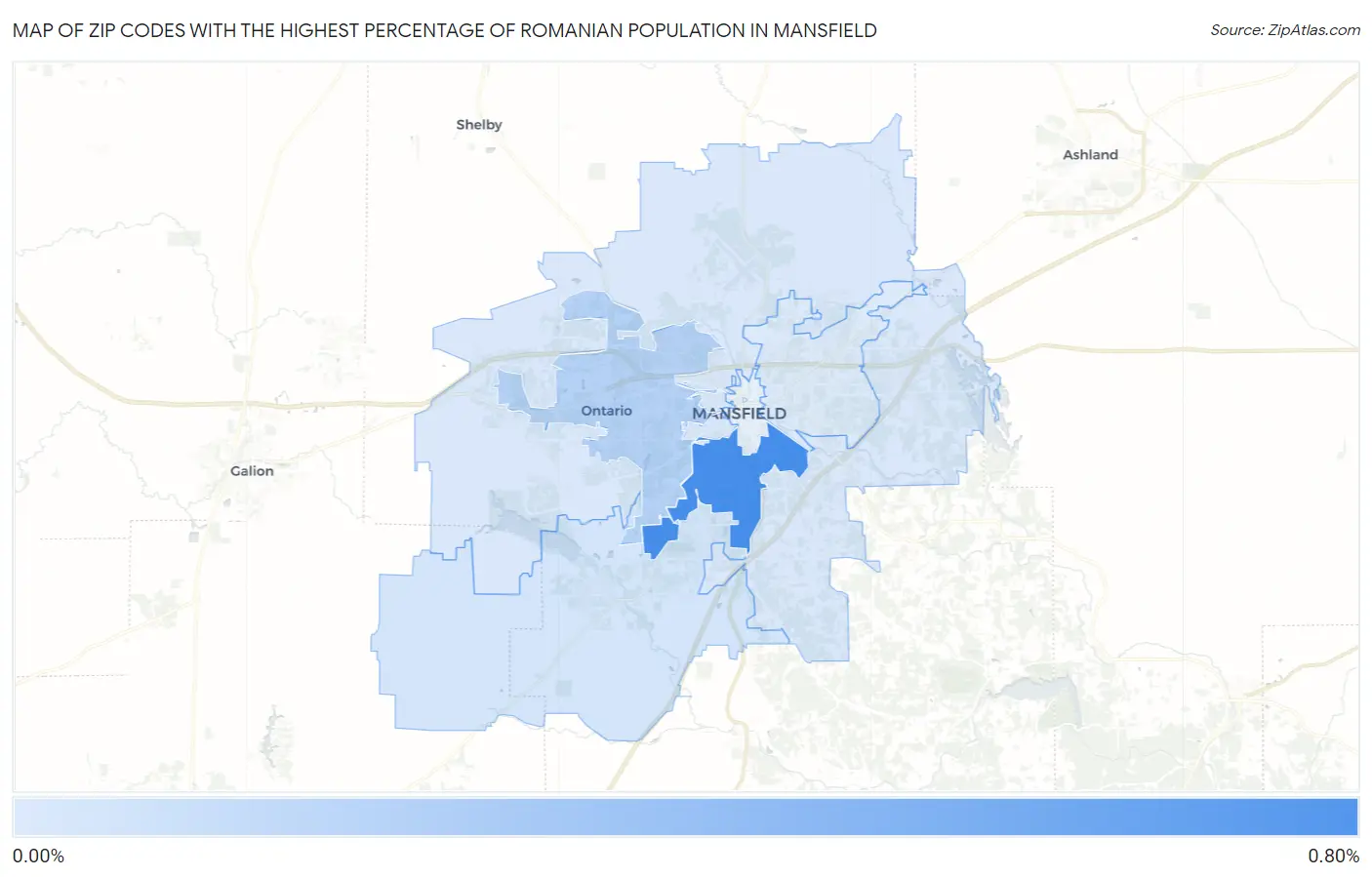 Zip Codes with the Highest Percentage of Romanian Population in Mansfield Map