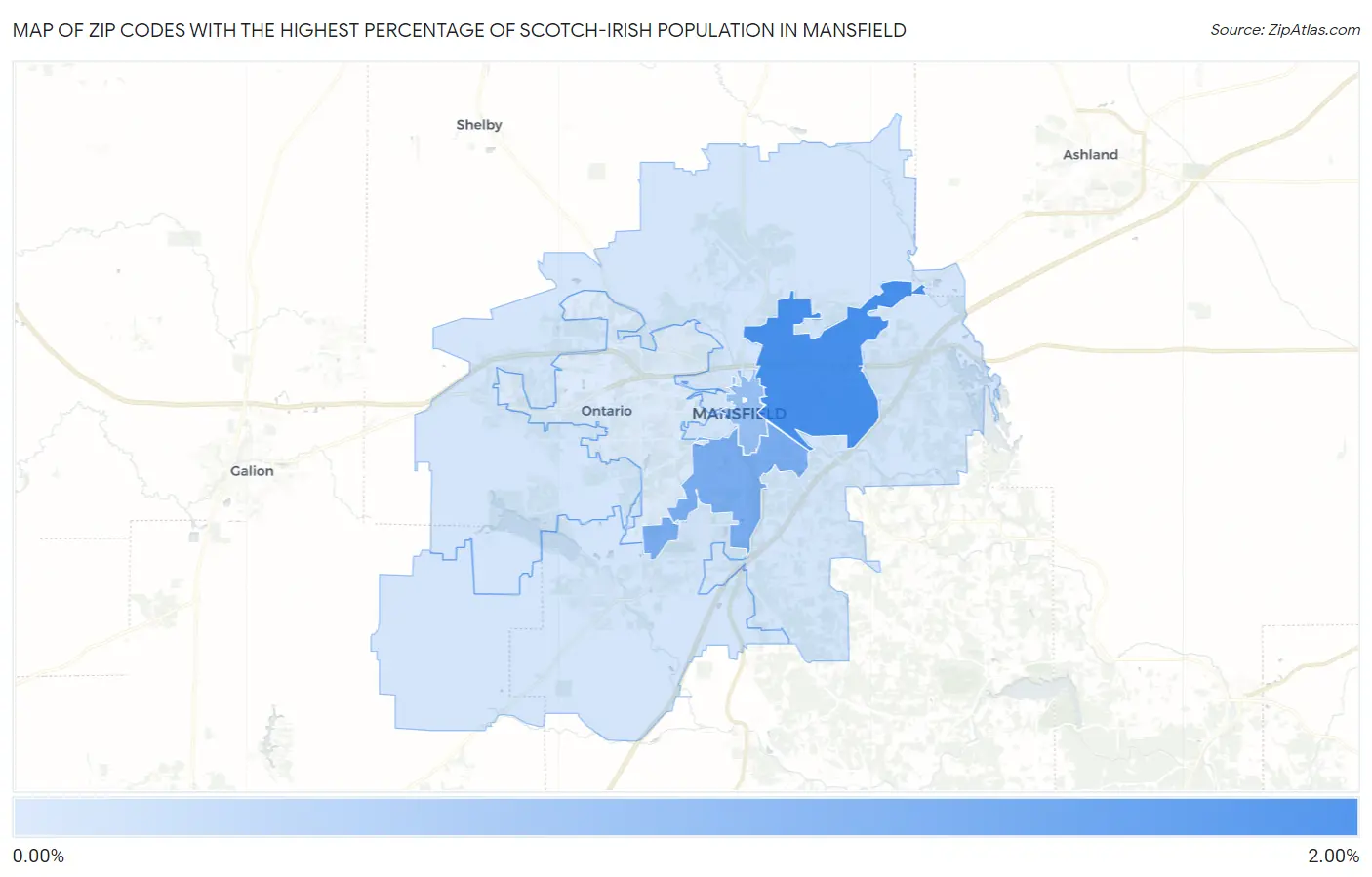 Zip Codes with the Highest Percentage of Scotch-Irish Population in Mansfield Map