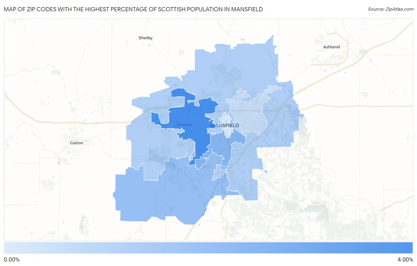 Zip Codes with the Highest Percentage of Scottish Population in Mansfield Map