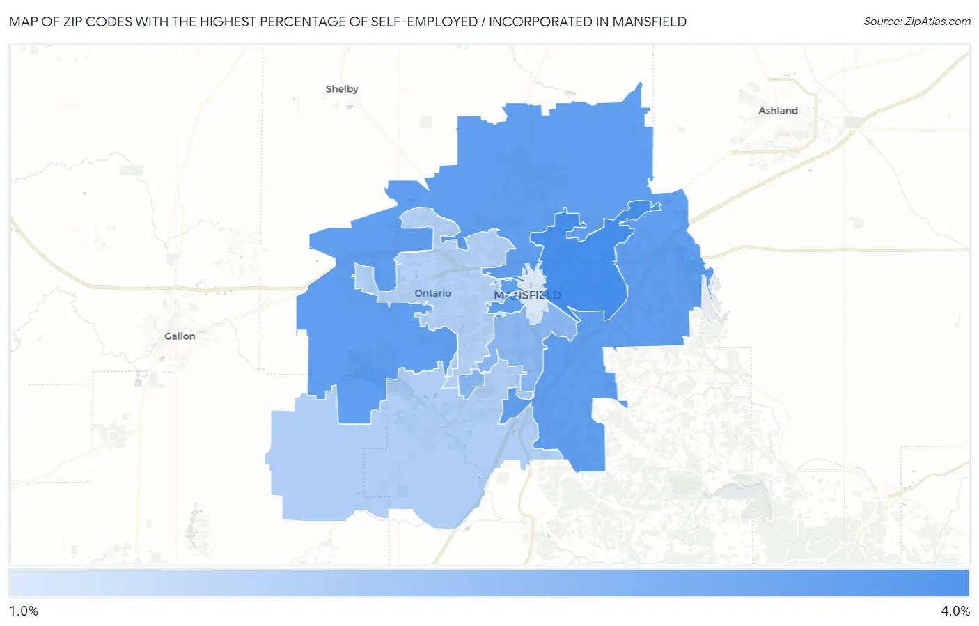 Zip Codes with the Highest Percentage of Self-Employed / Incorporated in Mansfield Map
