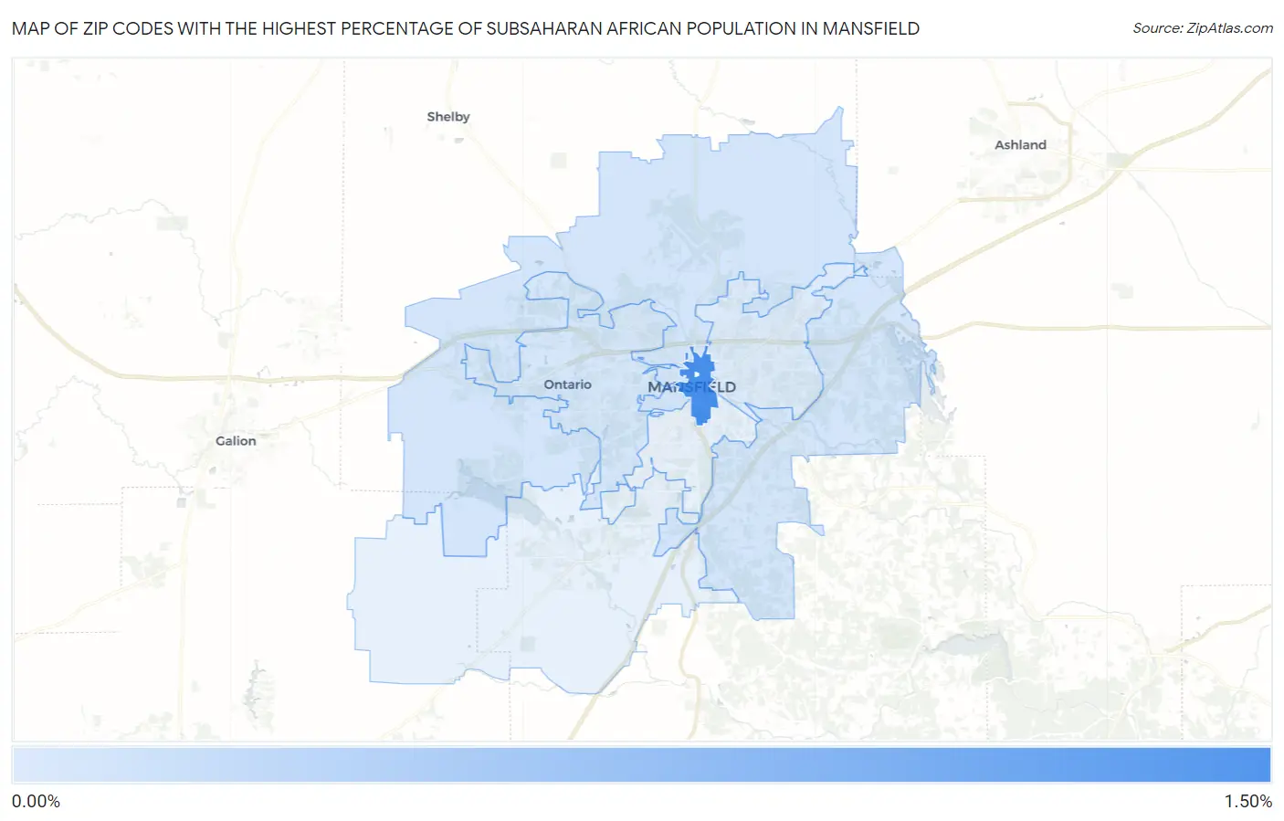 Zip Codes with the Highest Percentage of Subsaharan African Population in Mansfield Map