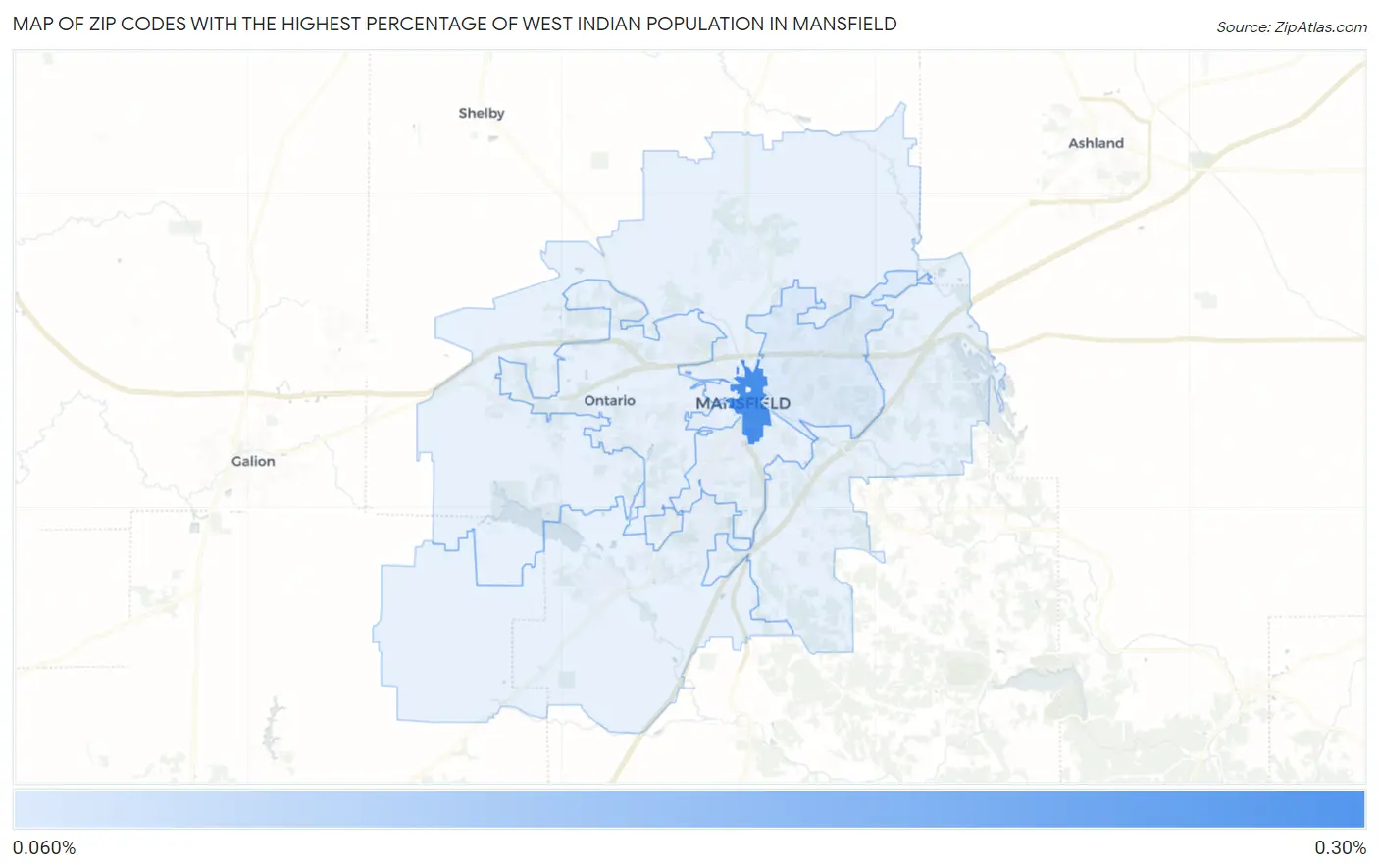 Zip Codes with the Highest Percentage of West Indian Population in Mansfield Map
