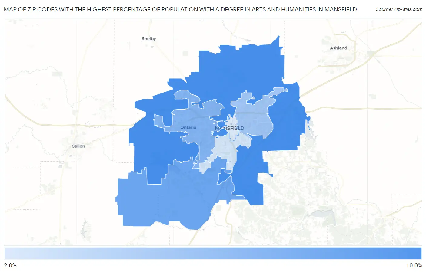 Zip Codes with the Highest Percentage of Population with a Degree in Arts and Humanities in Mansfield Map