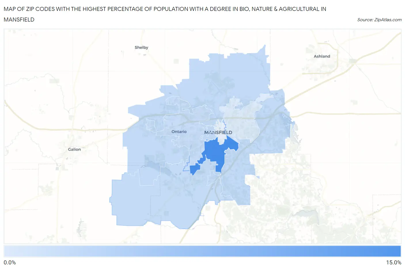 Zip Codes with the Highest Percentage of Population with a Degree in Bio, Nature & Agricultural in Mansfield Map
