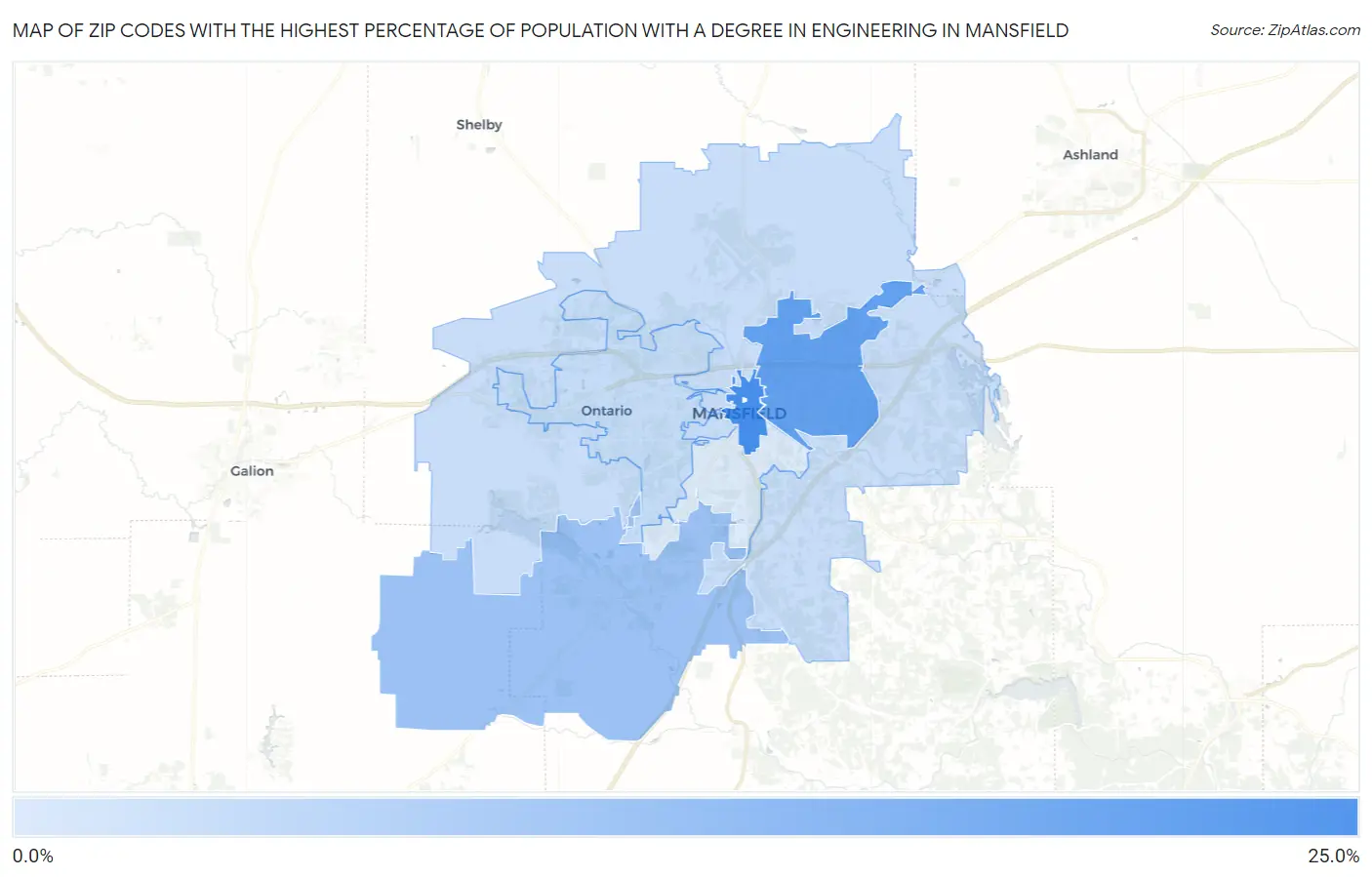 Zip Codes with the Highest Percentage of Population with a Degree in Engineering in Mansfield Map