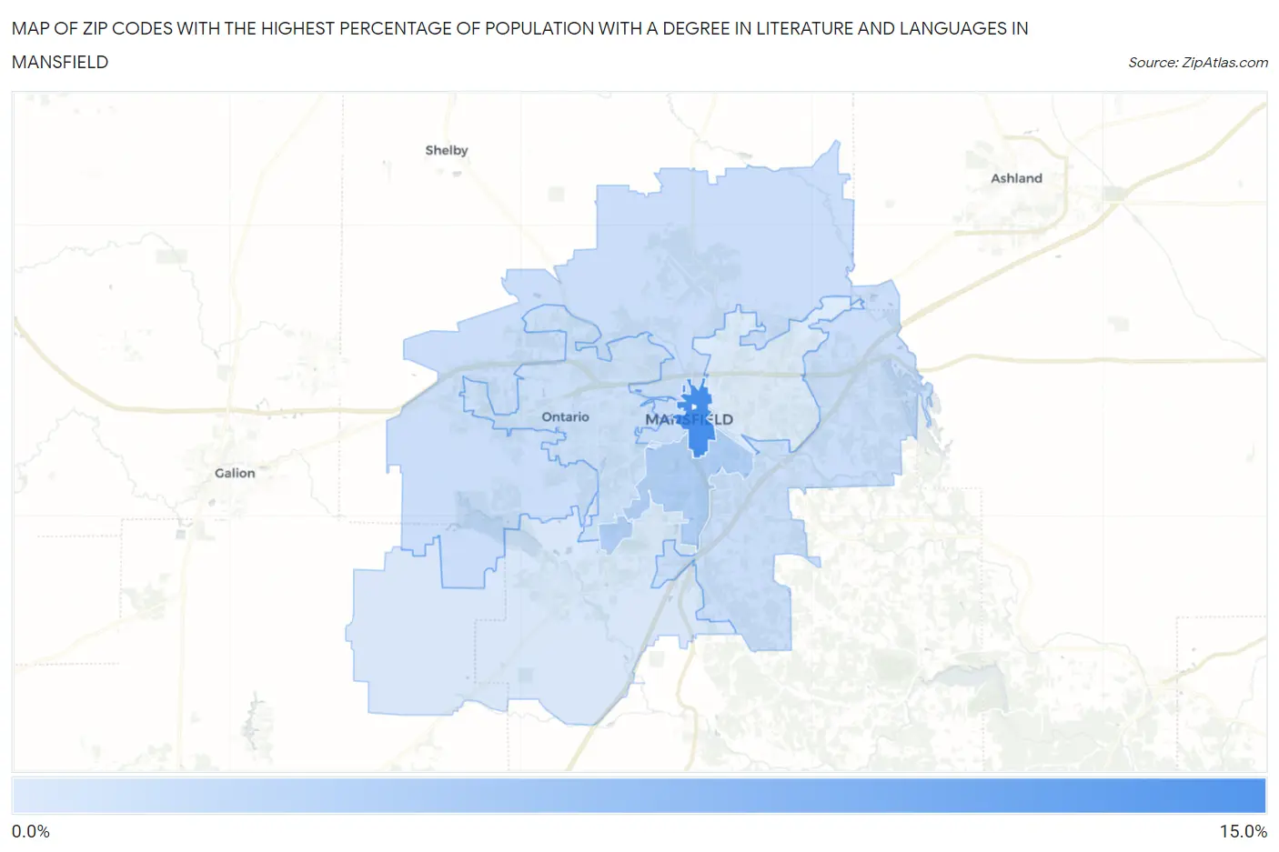 Zip Codes with the Highest Percentage of Population with a Degree in Literature and Languages in Mansfield Map