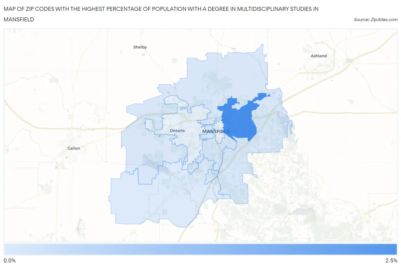 Zip Codes with the Highest Percentage of Population with a Degree in Multidisciplinary Studies in Mansfield Map