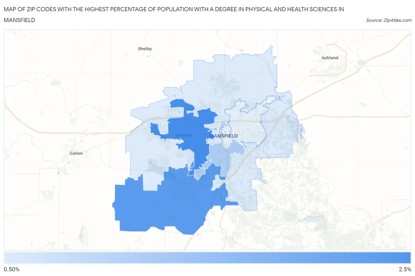 Zip Codes with the Highest Percentage of Population with a Degree in Physical and Health Sciences in Mansfield Map