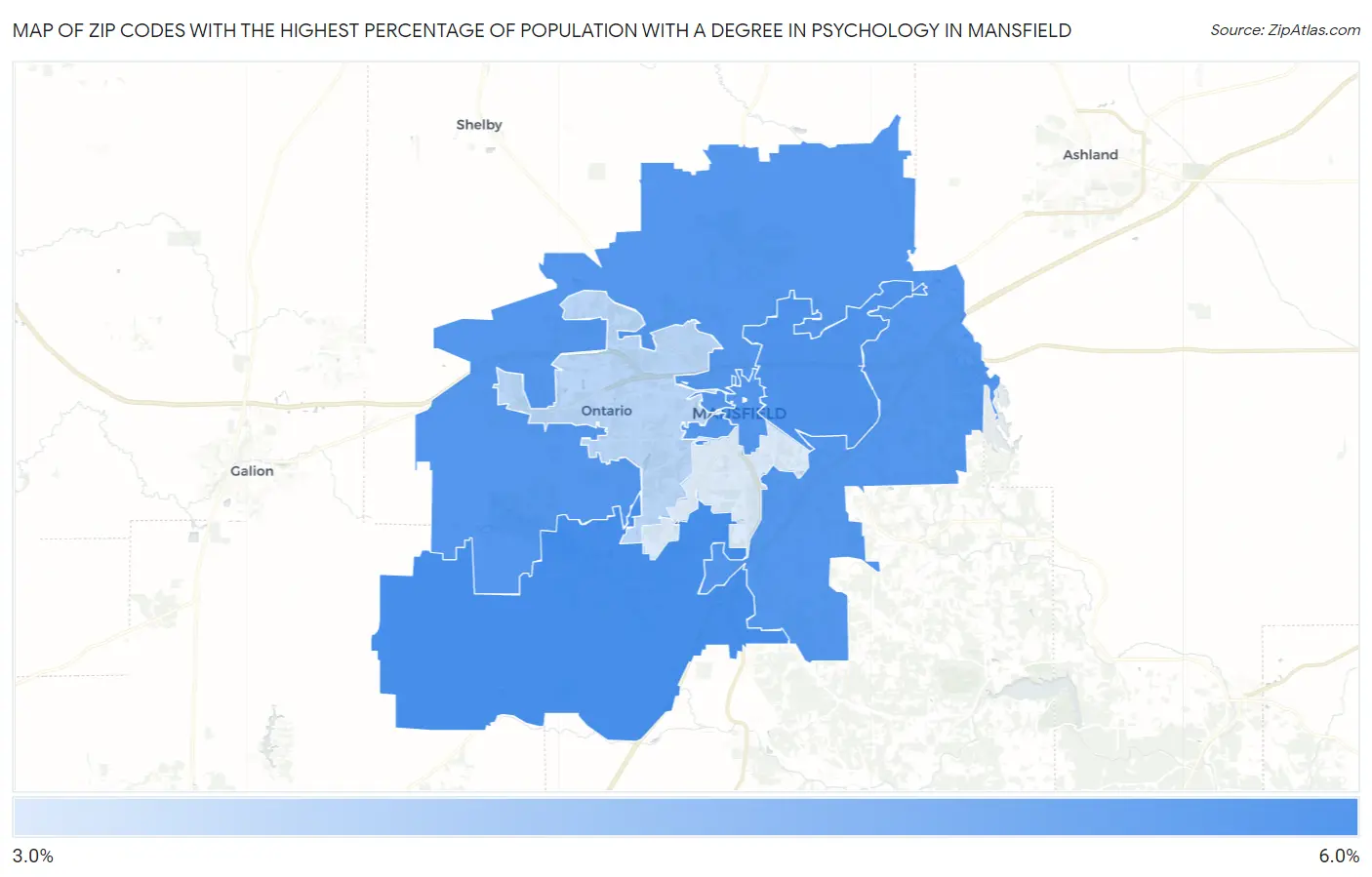 Zip Codes with the Highest Percentage of Population with a Degree in Psychology in Mansfield Map