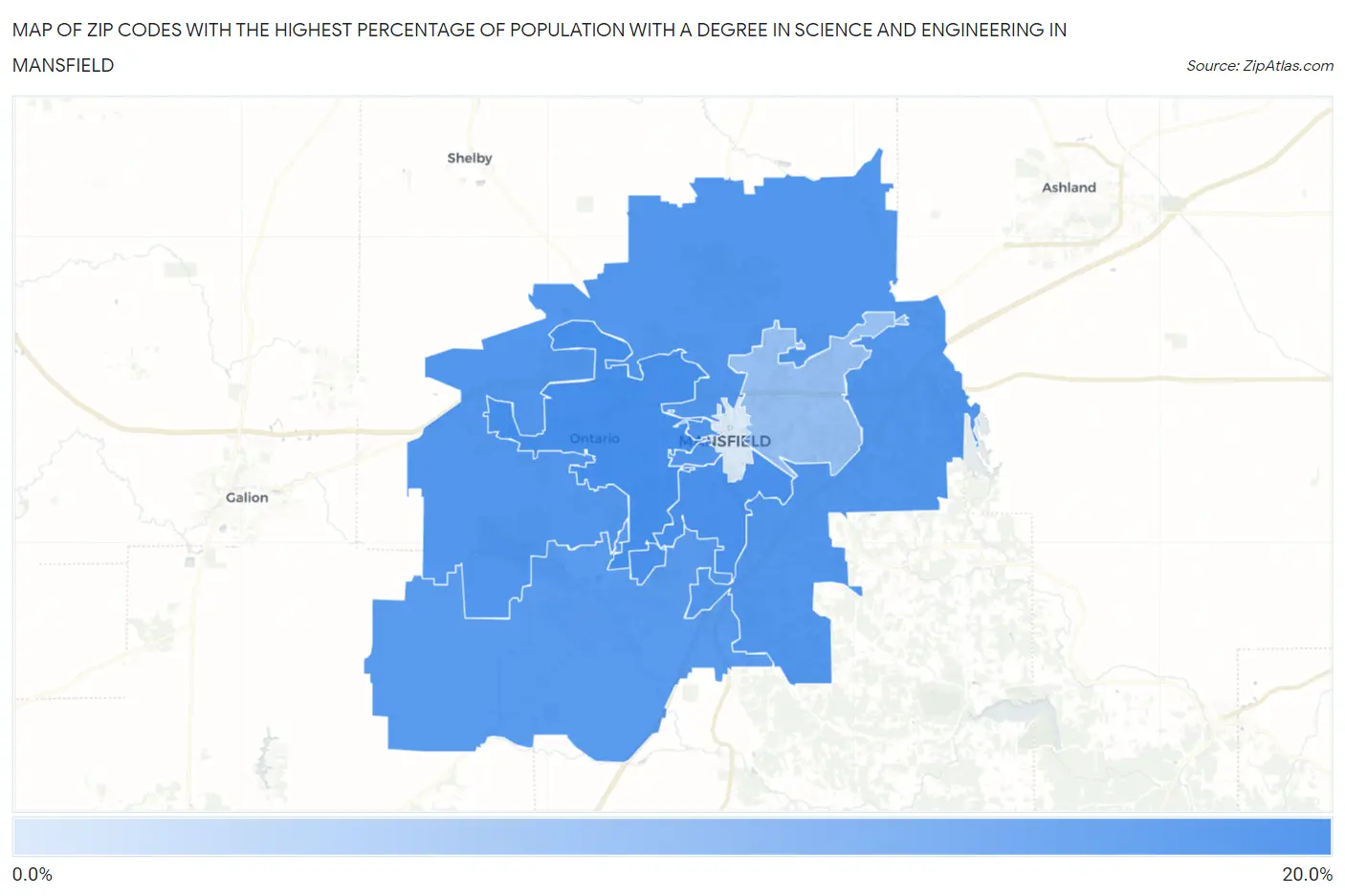 Zip Codes with the Highest Percentage of Population with a Degree in Science and Engineering in Mansfield Map