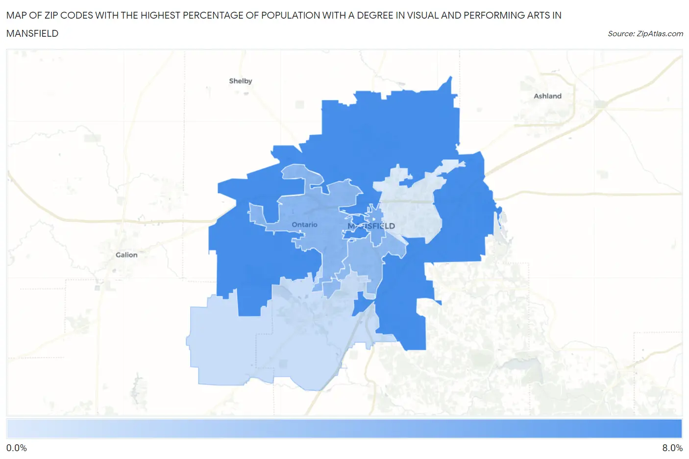 Zip Codes with the Highest Percentage of Population with a Degree in Visual and Performing Arts in Mansfield Map