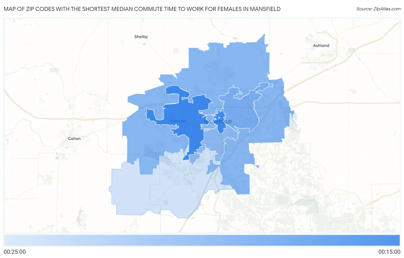 Zip Codes with the Shortest Median Commute Time to Work for Females in Mansfield Map