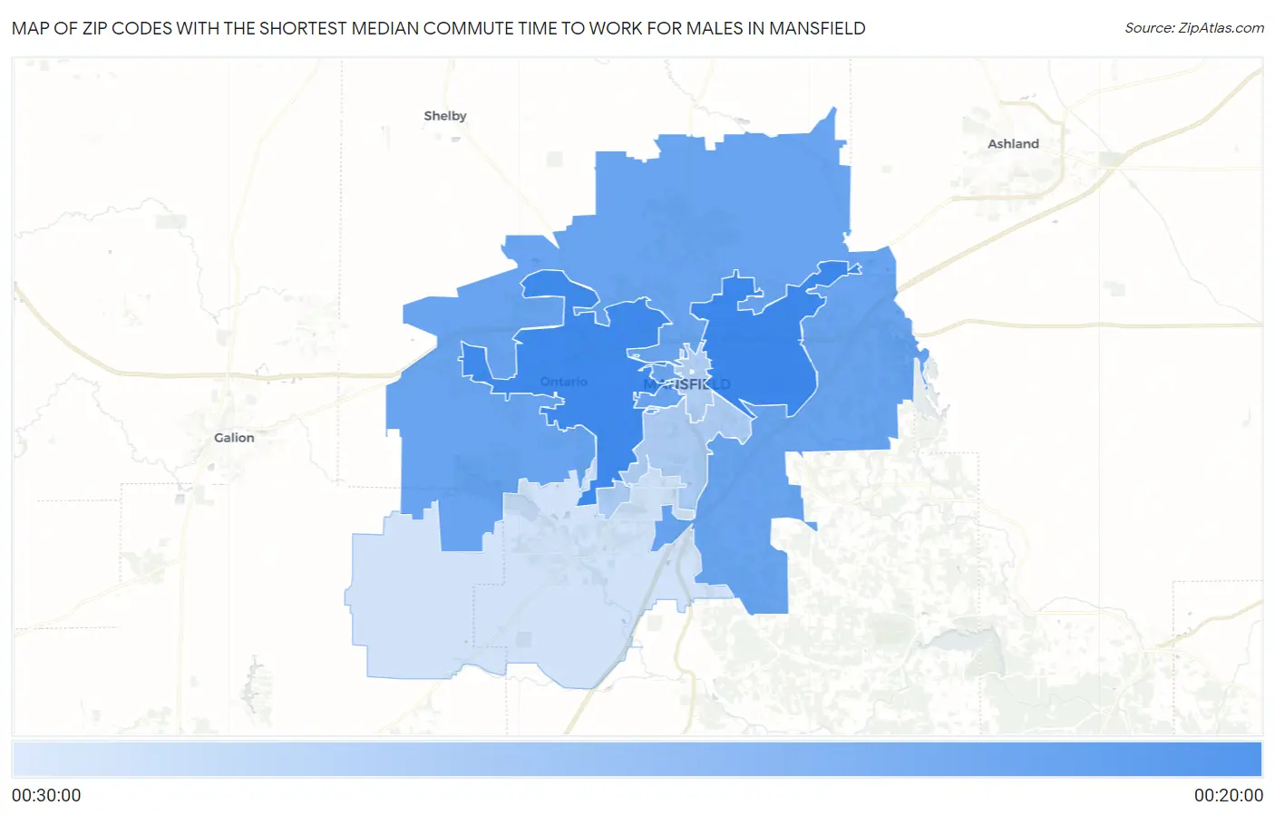 Zip Codes with the Shortest Median Commute Time to Work for Males in Mansfield Map