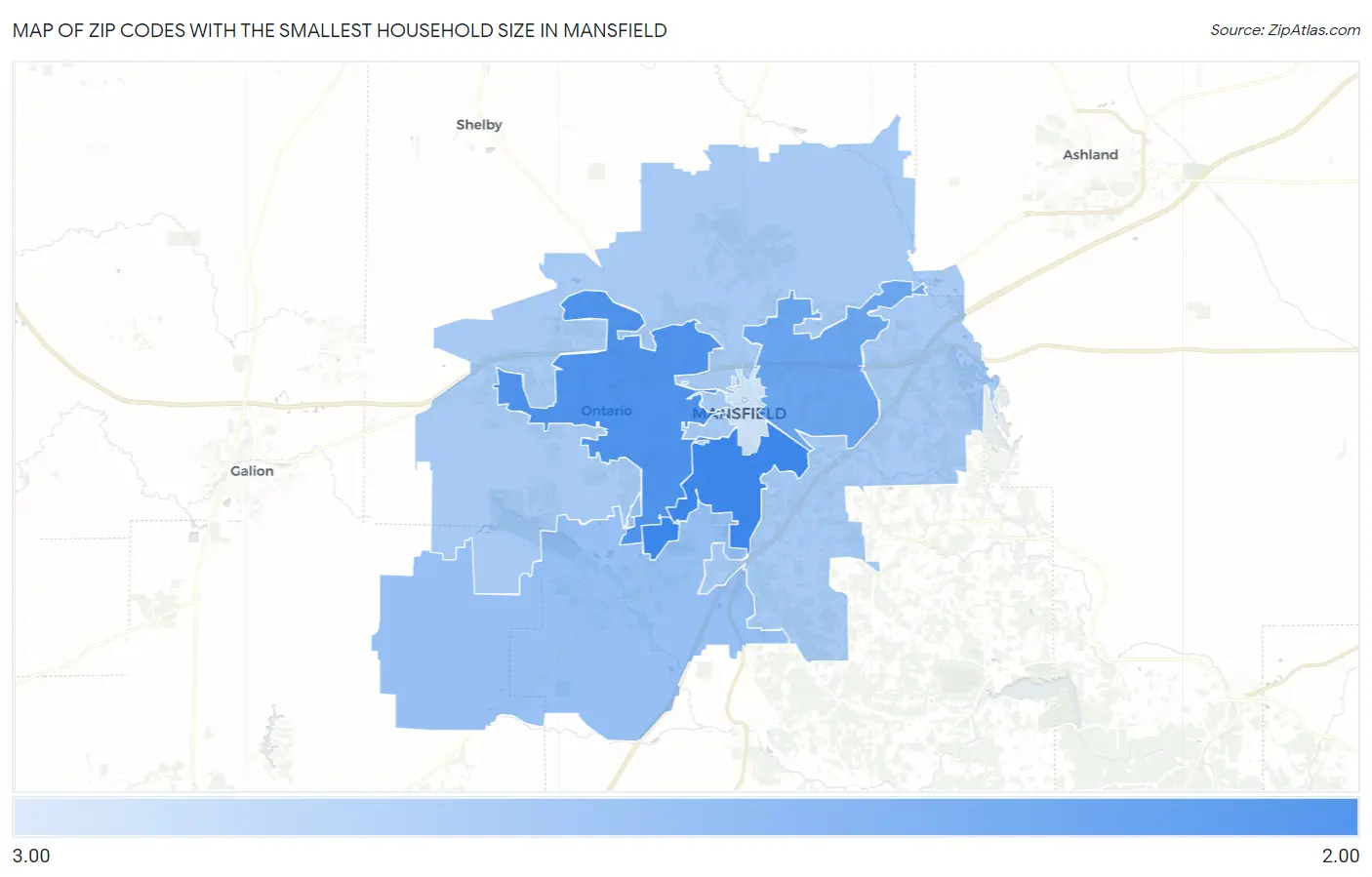 Zip Codes with the Smallest Household Size in Mansfield Map