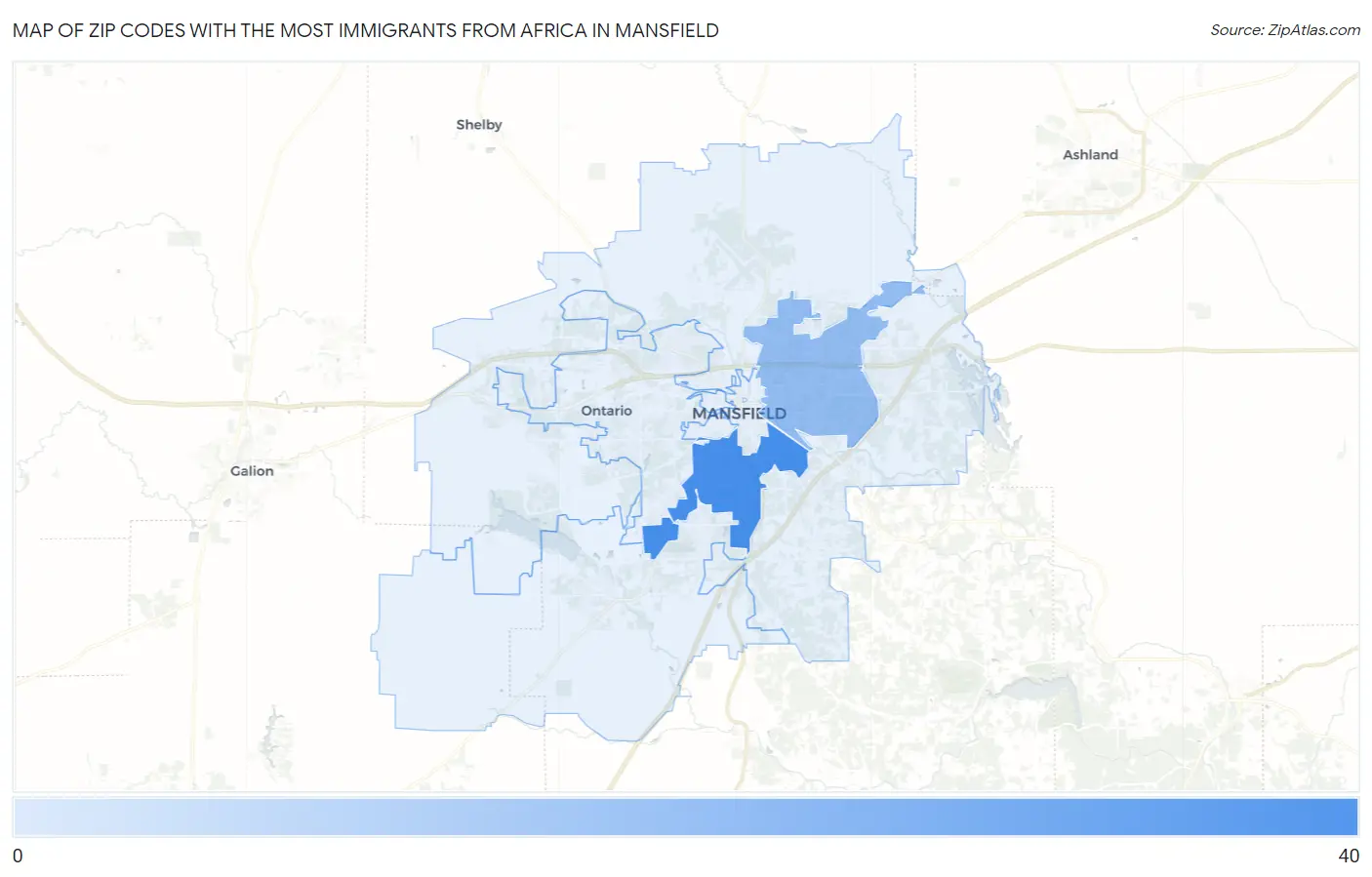 Zip Codes with the Most Immigrants from Africa in Mansfield Map