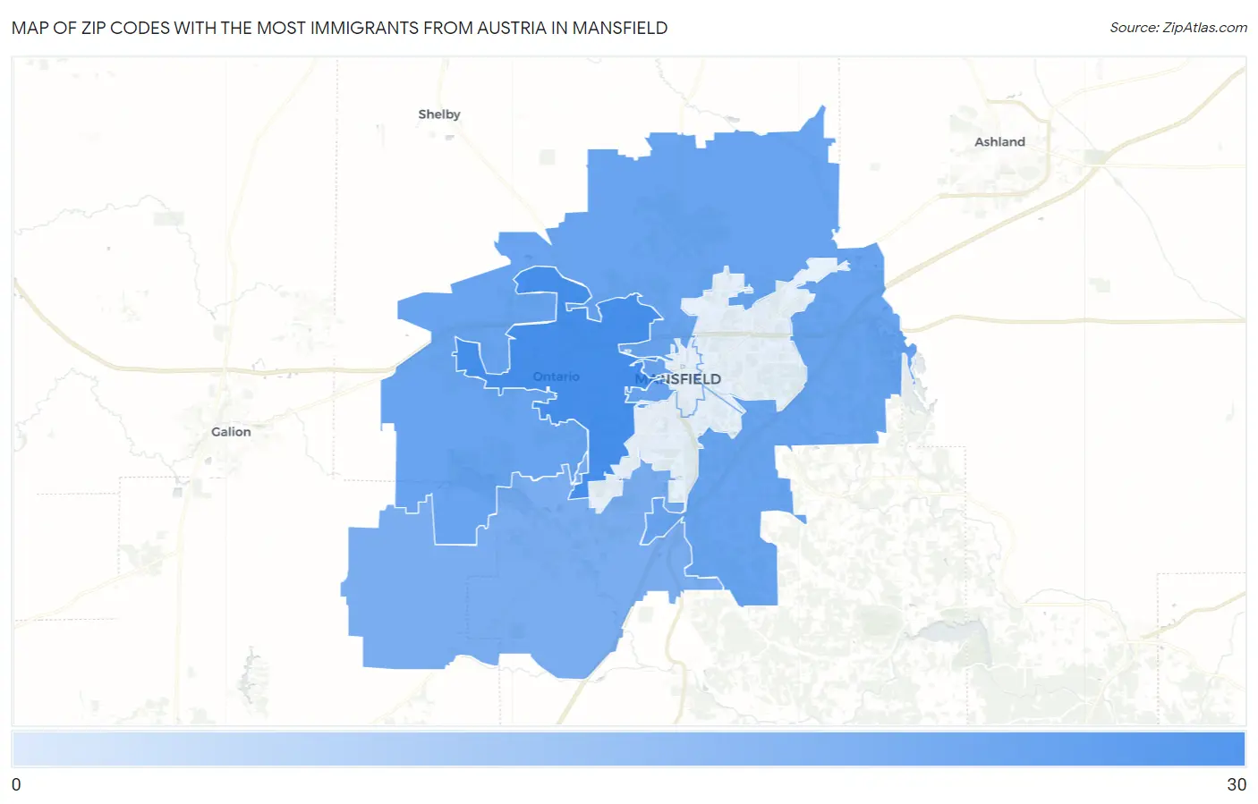 Zip Codes with the Most Immigrants from Austria in Mansfield Map
