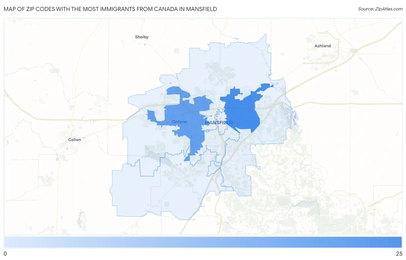 Zip Codes with the Most Immigrants from Canada in Mansfield Map
