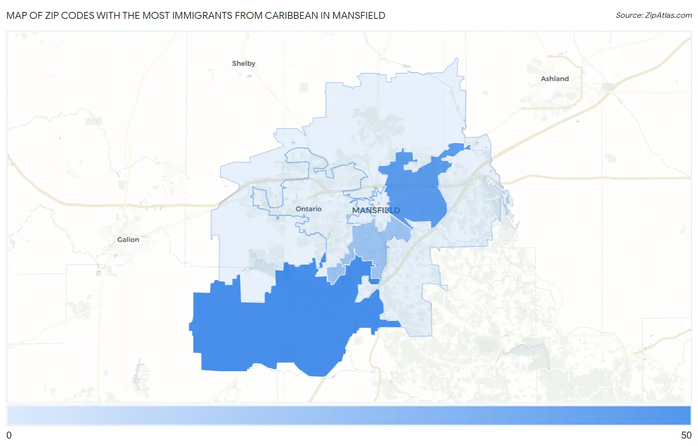 Zip Codes with the Most Immigrants from Caribbean in Mansfield Map