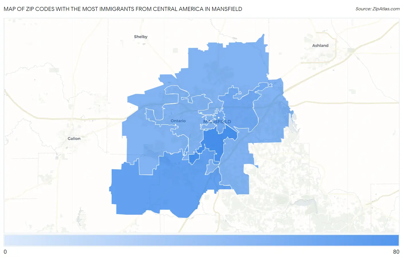 Zip Codes with the Most Immigrants from Central America in Mansfield Map