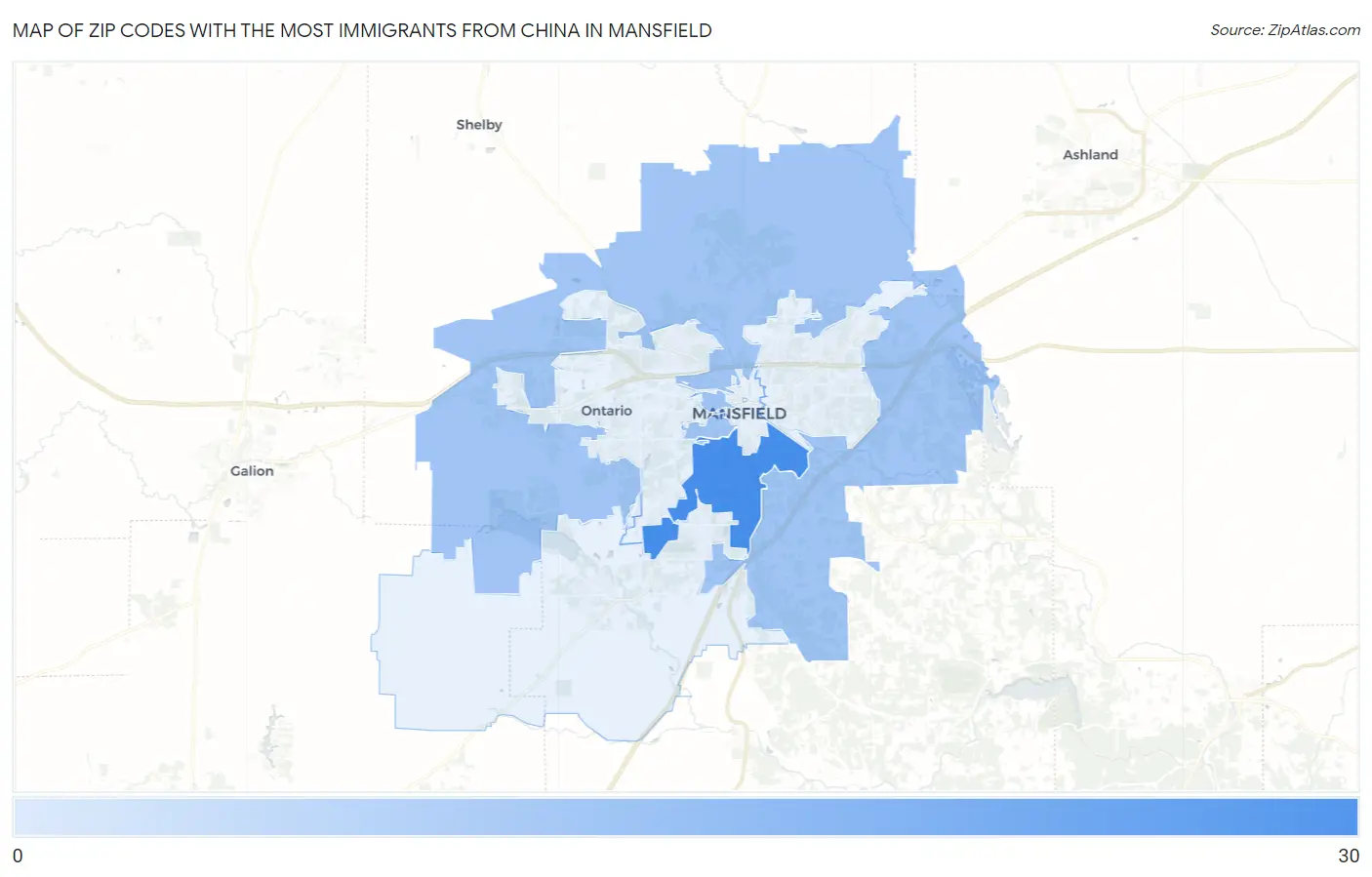Zip Codes with the Most Immigrants from China in Mansfield Map