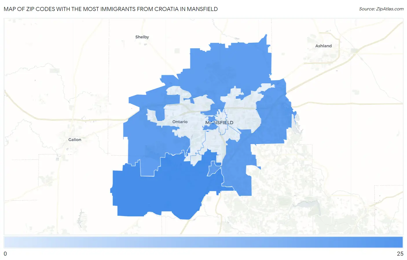 Zip Codes with the Most Immigrants from Croatia in Mansfield Map
