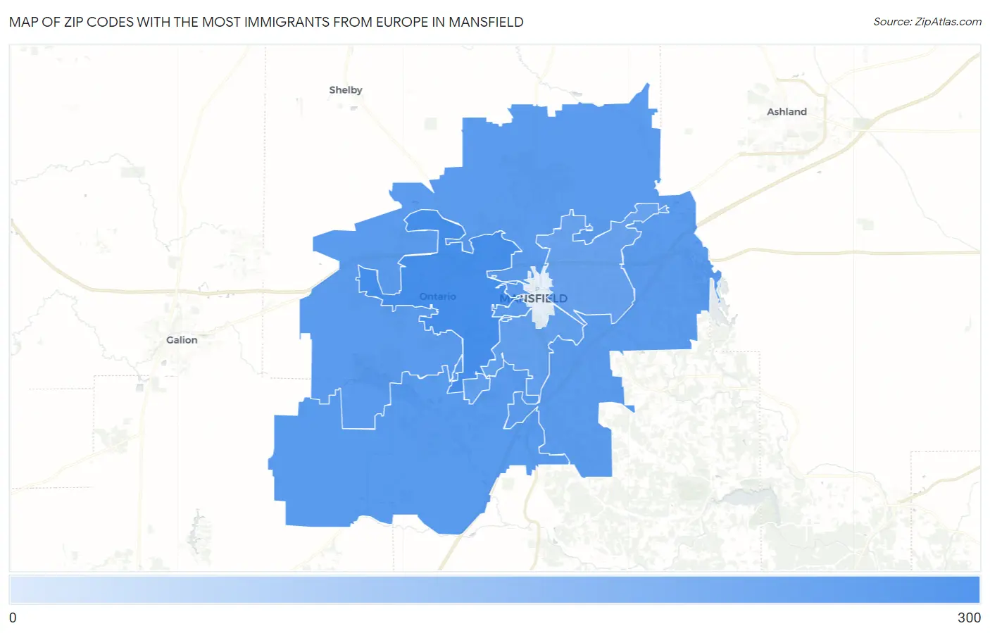 Zip Codes with the Most Immigrants from Europe in Mansfield Map