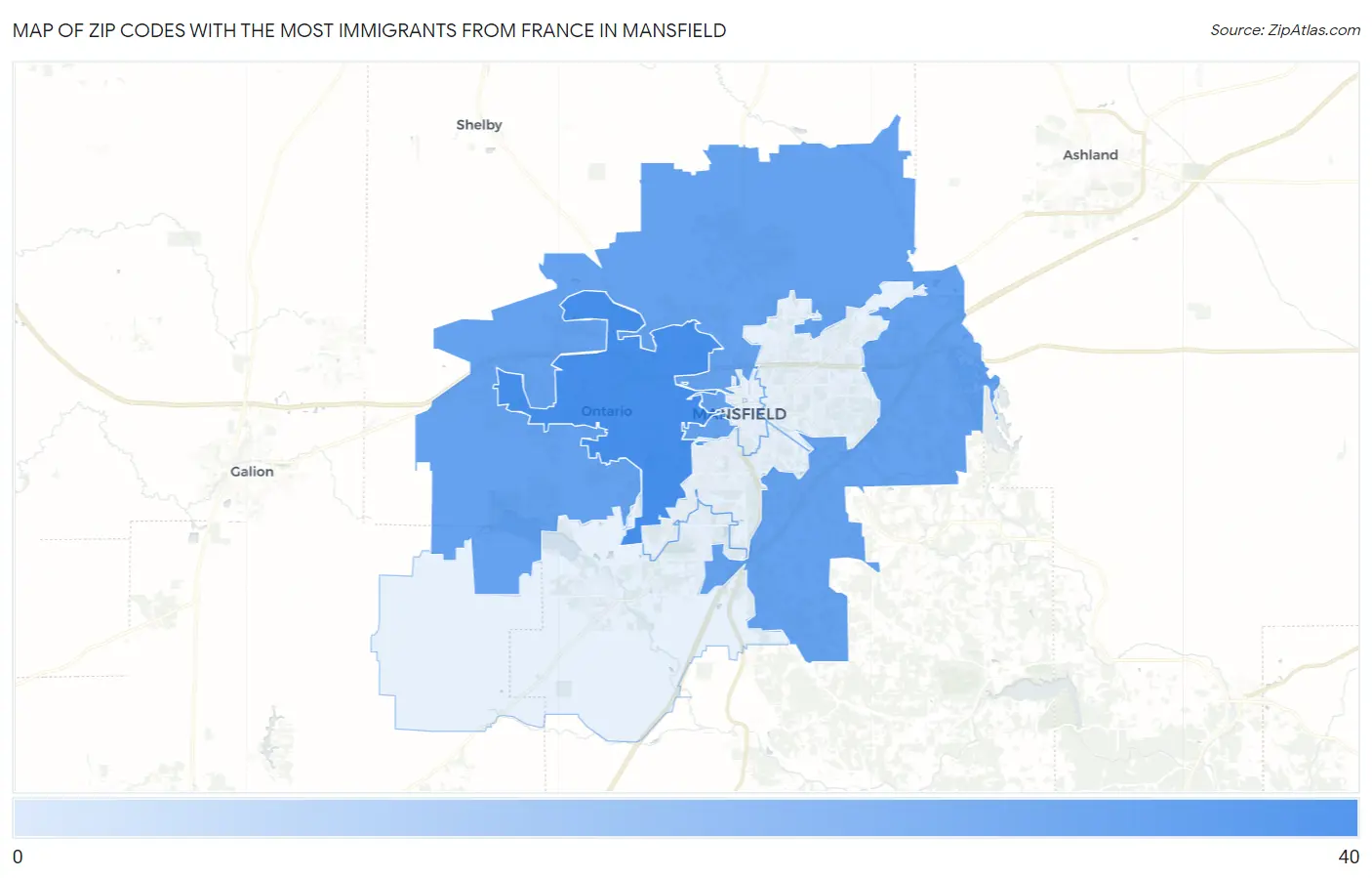 Zip Codes with the Most Immigrants from France in Mansfield Map