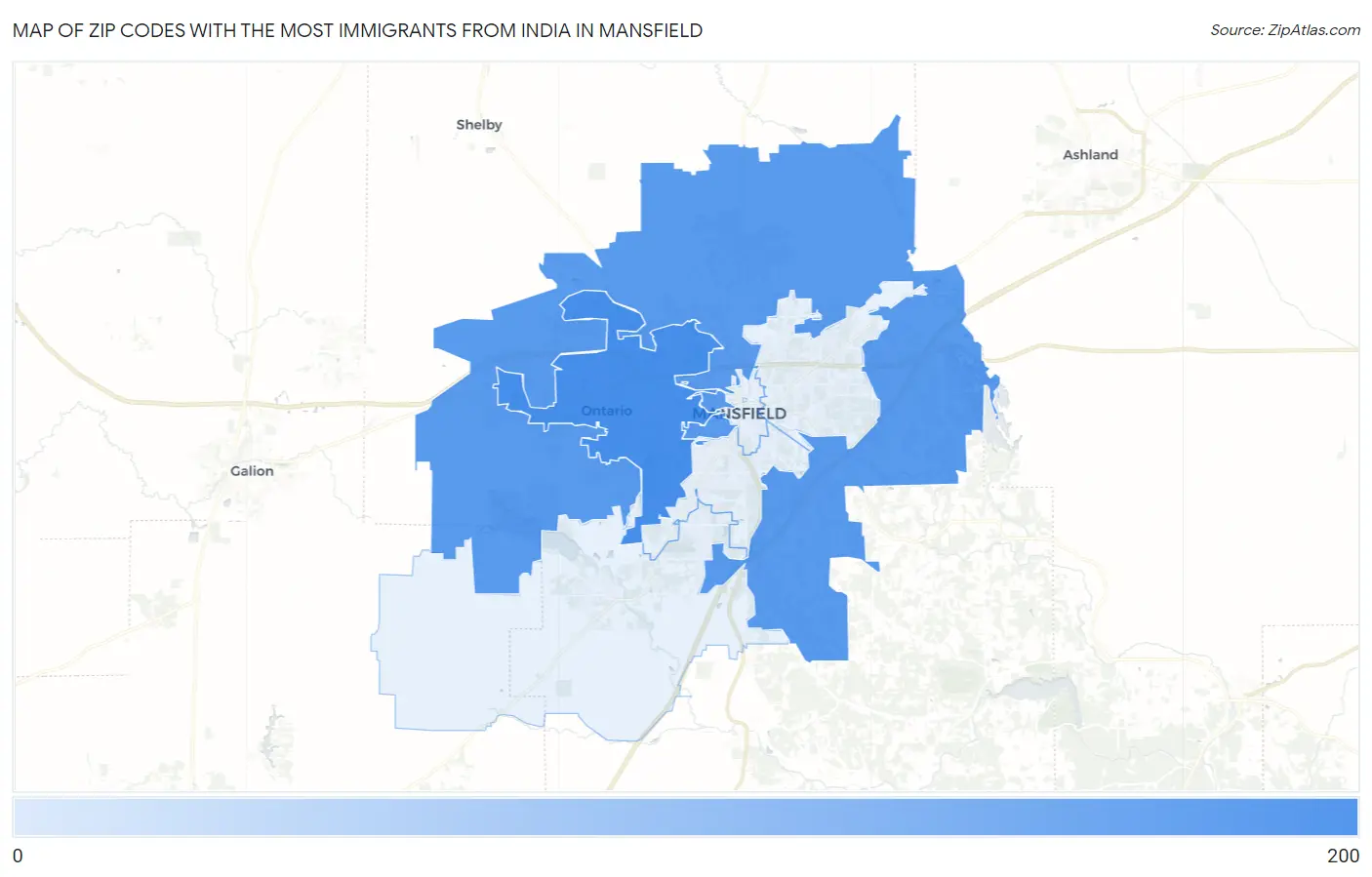 Zip Codes with the Most Immigrants from India in Mansfield Map