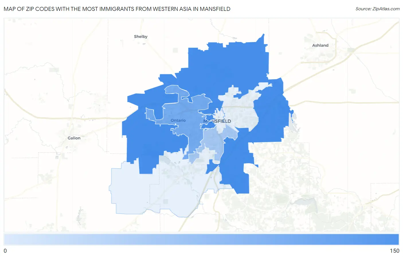 Zip Codes with the Most Immigrants from Western Asia in Mansfield Map
