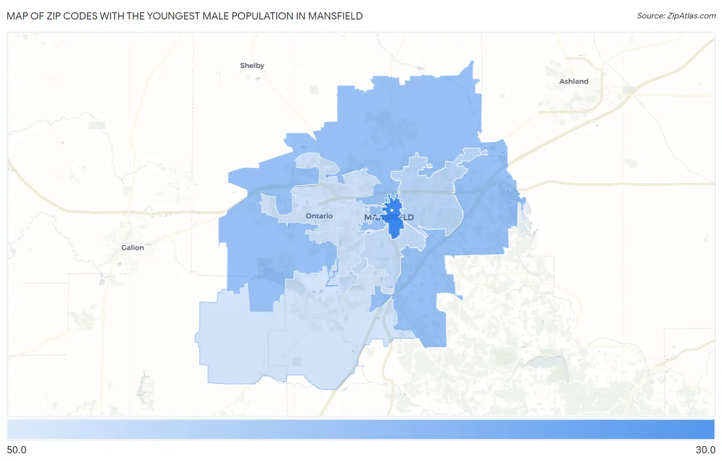 Zip Codes with the Youngest Male Population in Mansfield Map