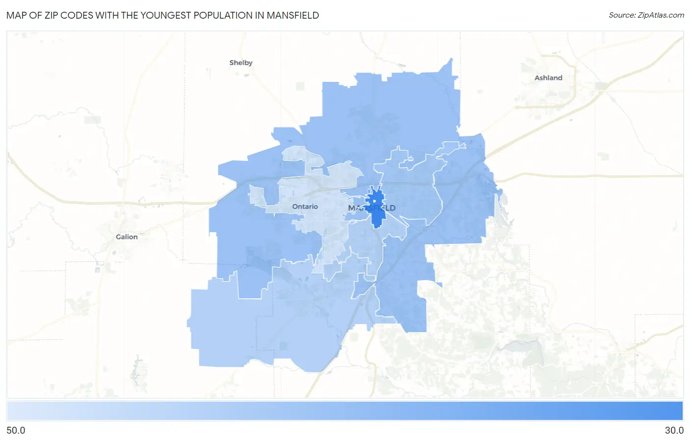 Zip Codes with the Youngest Population in Mansfield Map