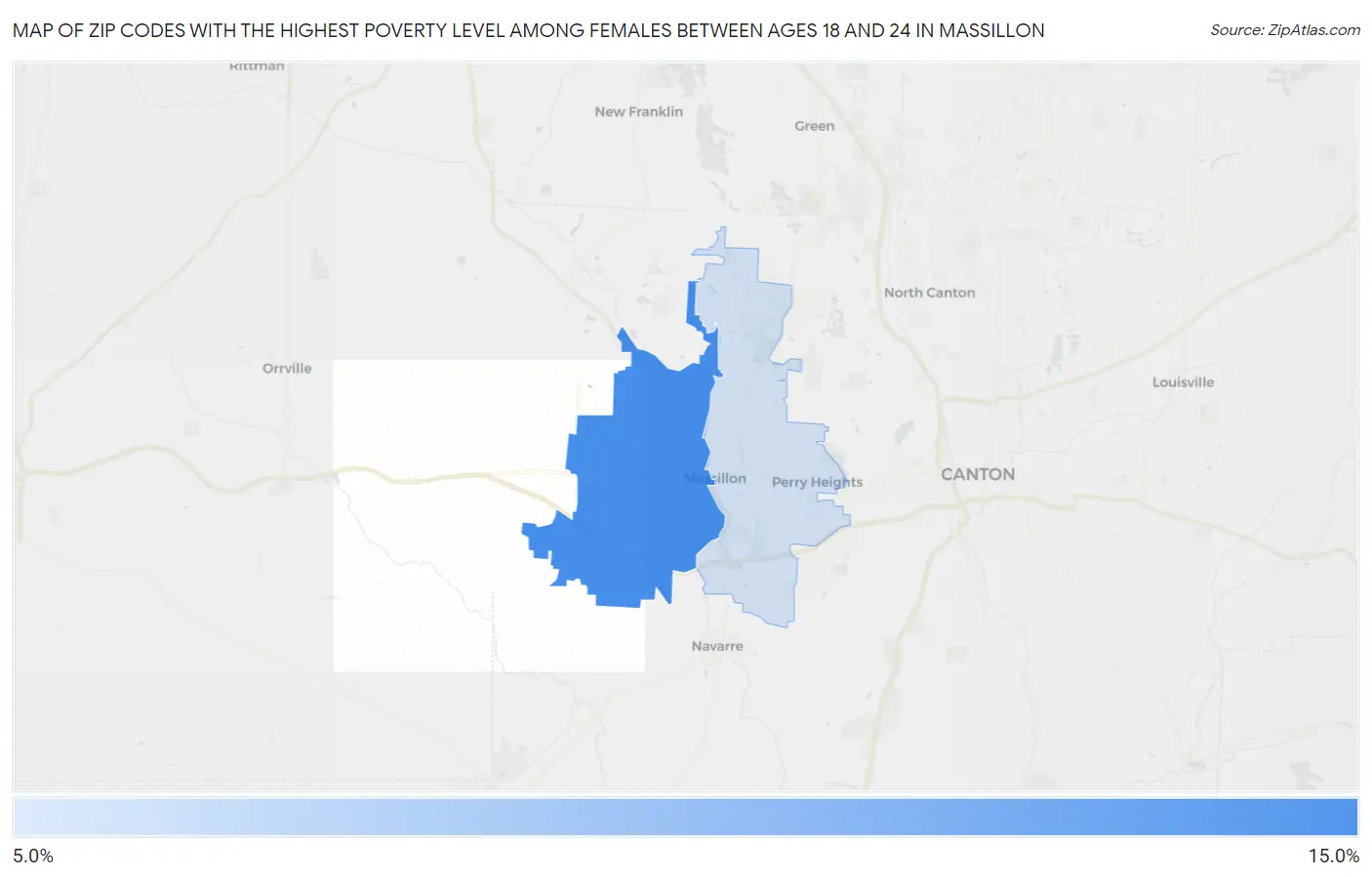 Zip Codes with the Highest Poverty Level Among Females Between Ages 18 and 24 in Massillon Map