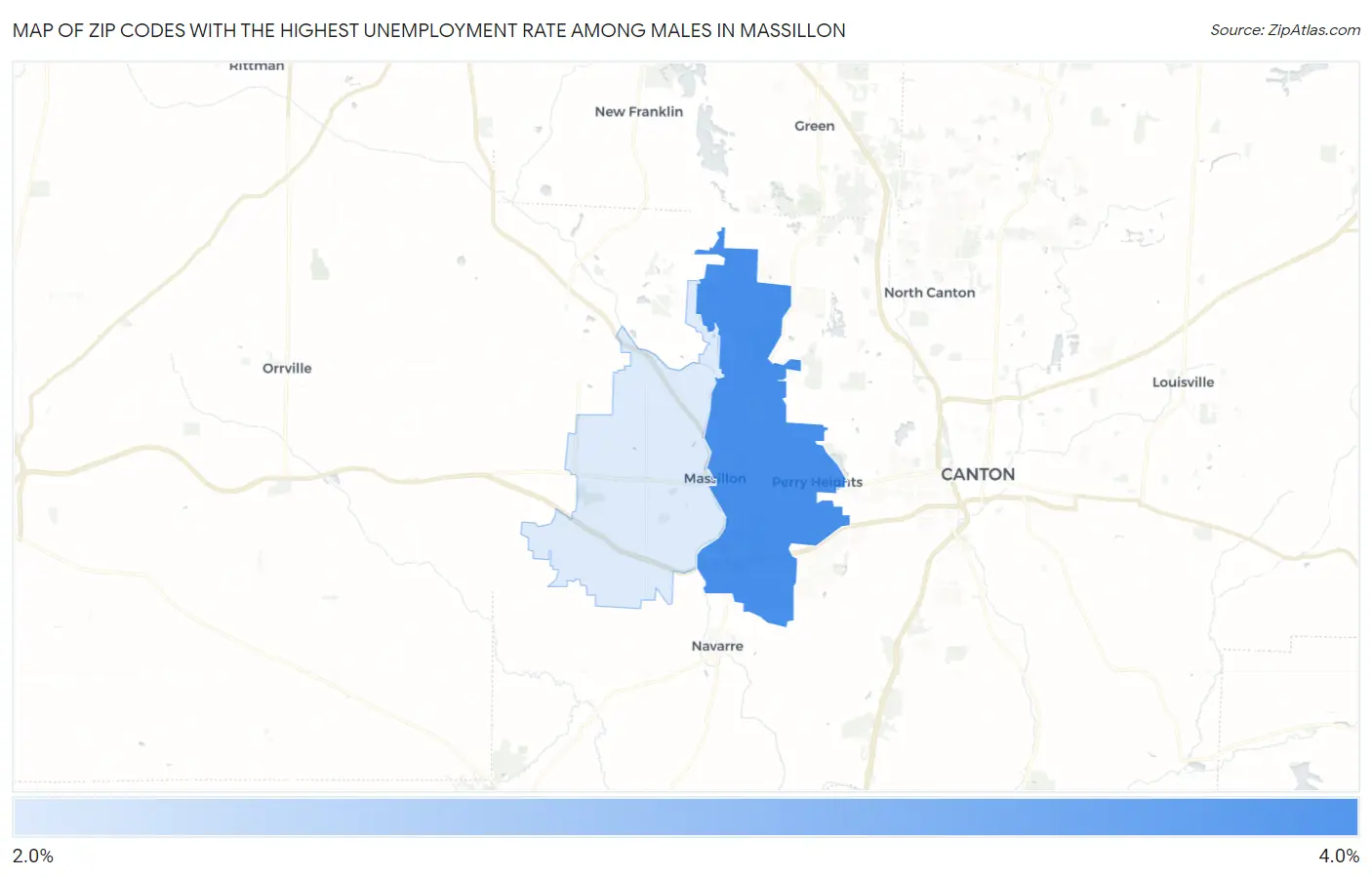 Zip Codes with the Highest Unemployment Rate Among Males in Massillon Map