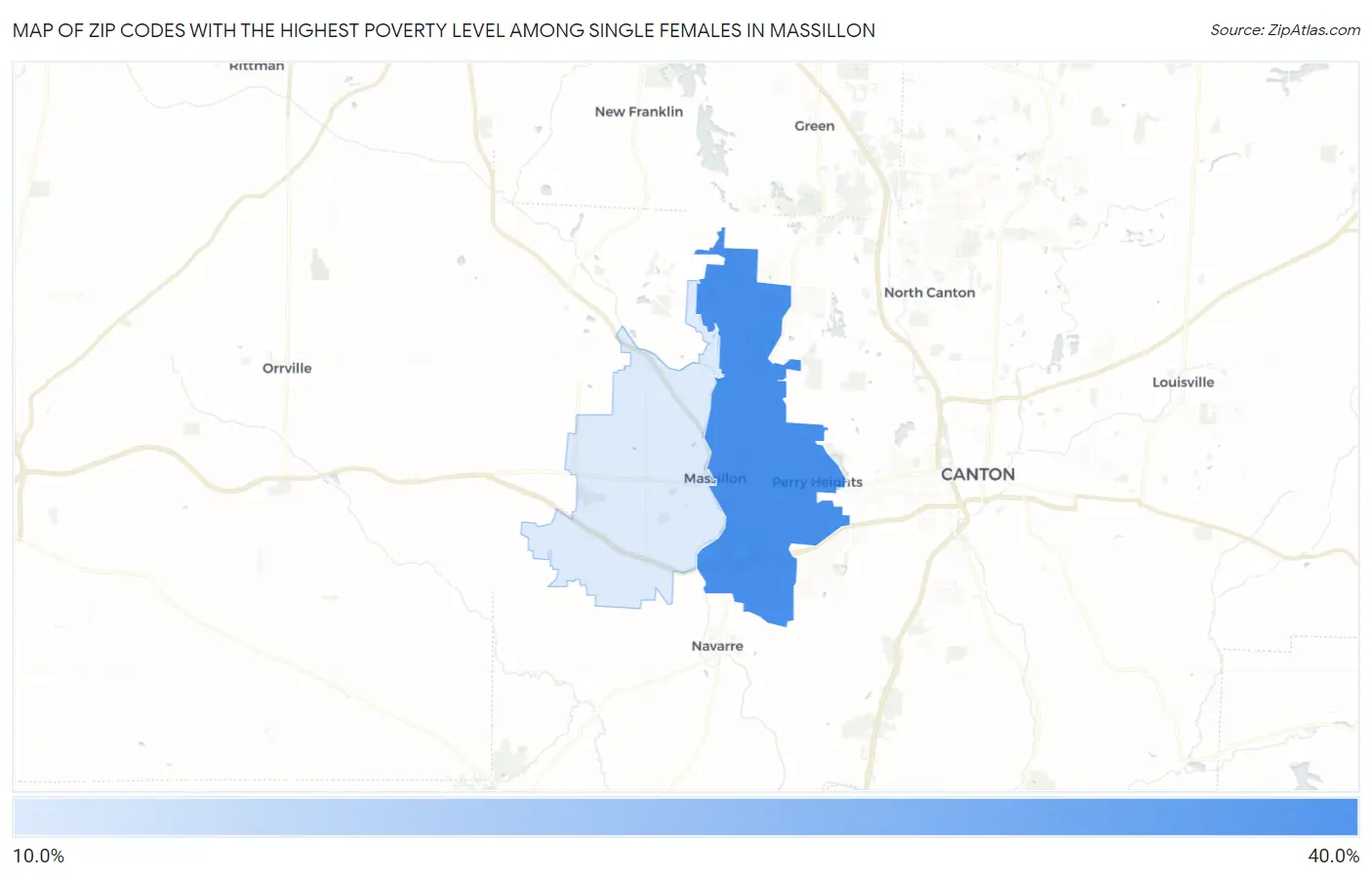 Zip Codes with the Highest Poverty Level Among Single Females in Massillon Map