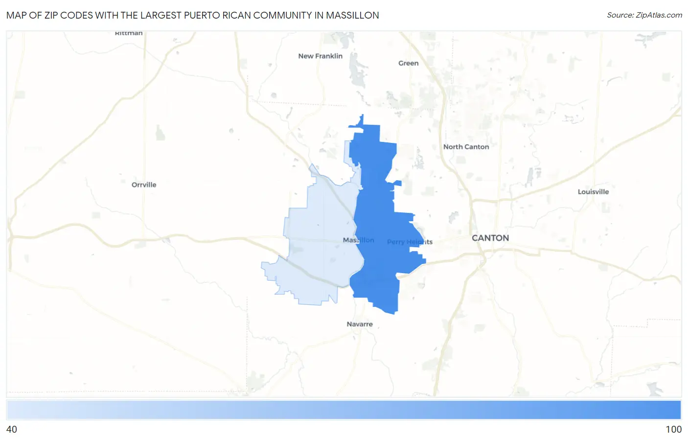 Zip Codes with the Largest Puerto Rican Community in Massillon Map