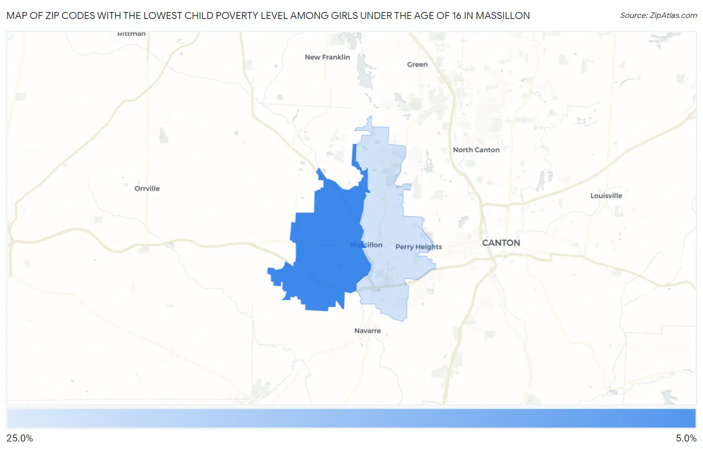 Zip Codes with the Lowest Child Poverty Level Among Girls Under the Age of 16 in Massillon Map