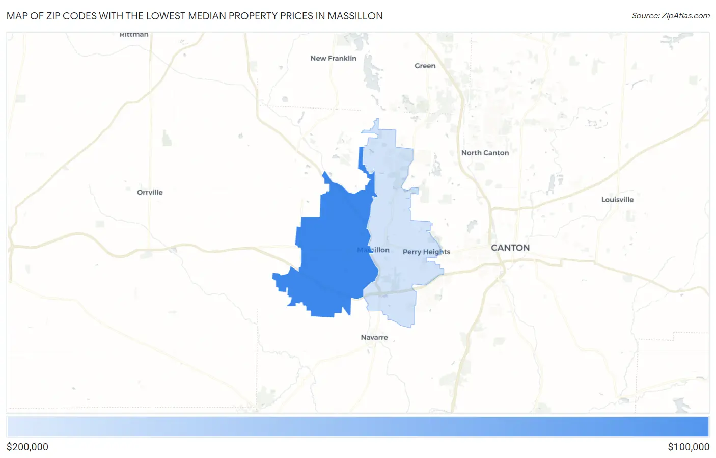 Zip Codes with the Lowest Median Property Prices in Massillon Map