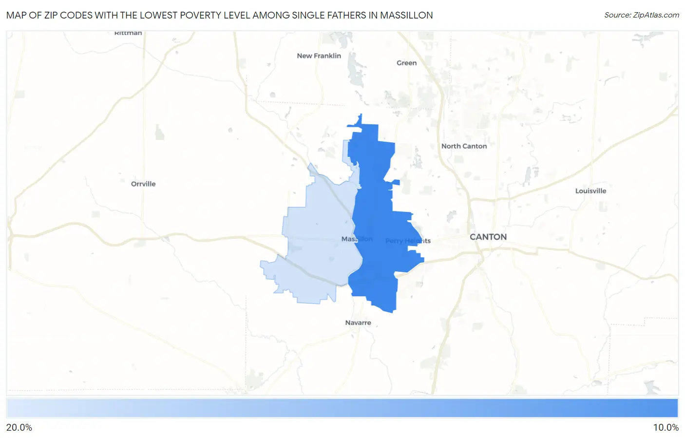 Zip Codes with the Lowest Poverty Level Among Single Fathers in Massillon Map
