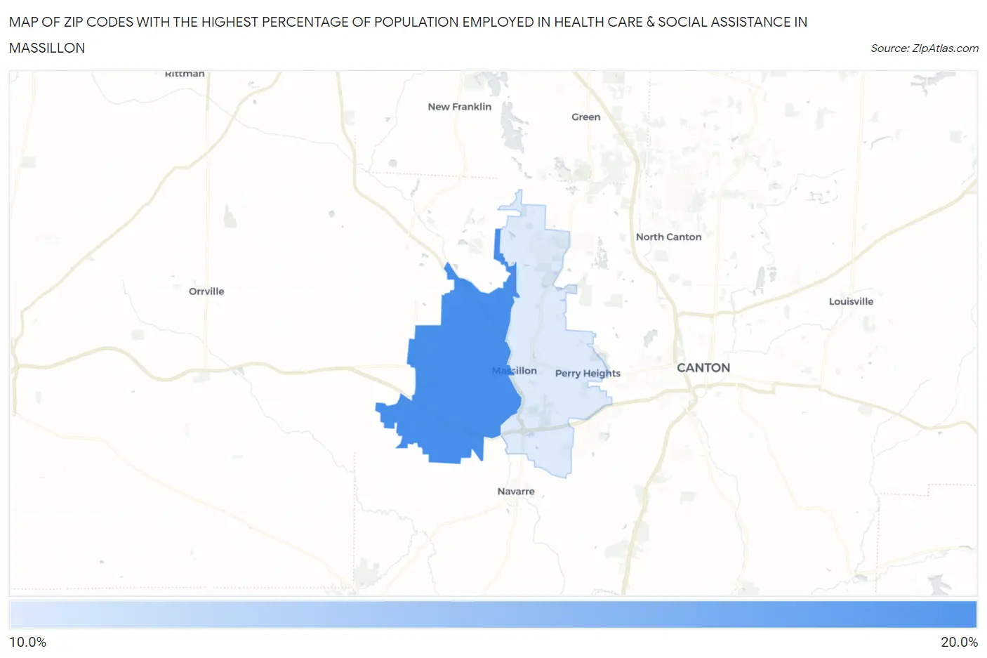 Zip Codes with the Highest Percentage of Population Employed in Health Care & Social Assistance in Massillon Map